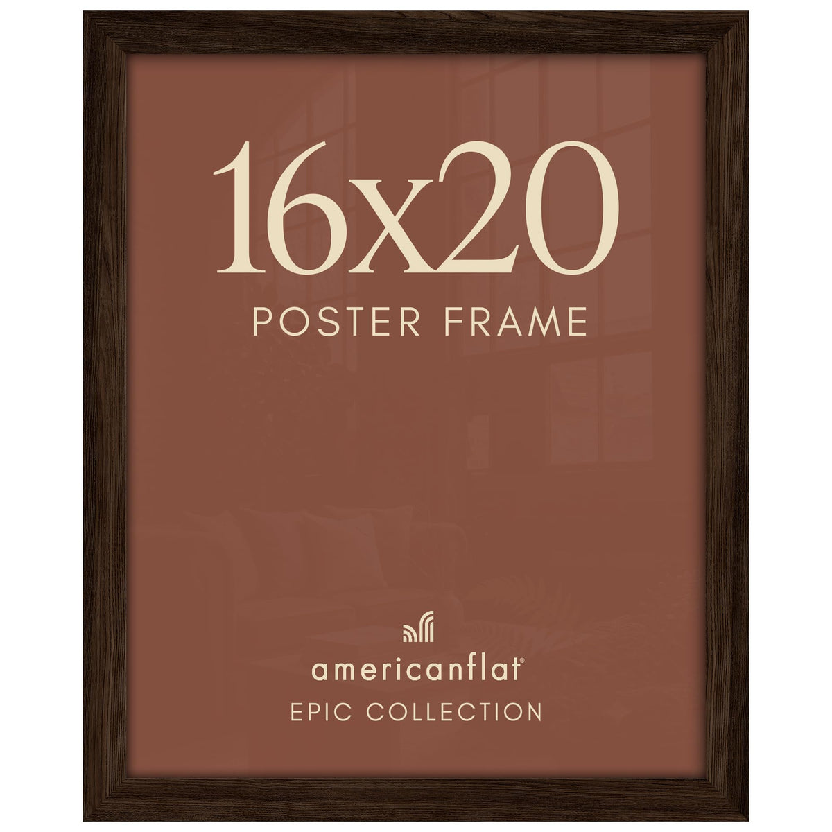 Americanflat 16x20 front view showing mahogany finish and framed poster benefit