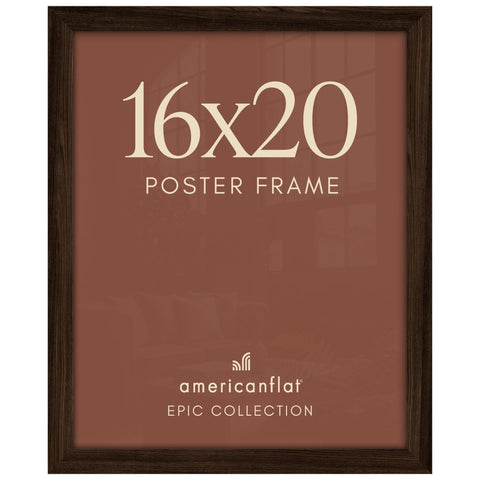 Americanflat 16x20 front view showing mahogany finish and framed poster benefit