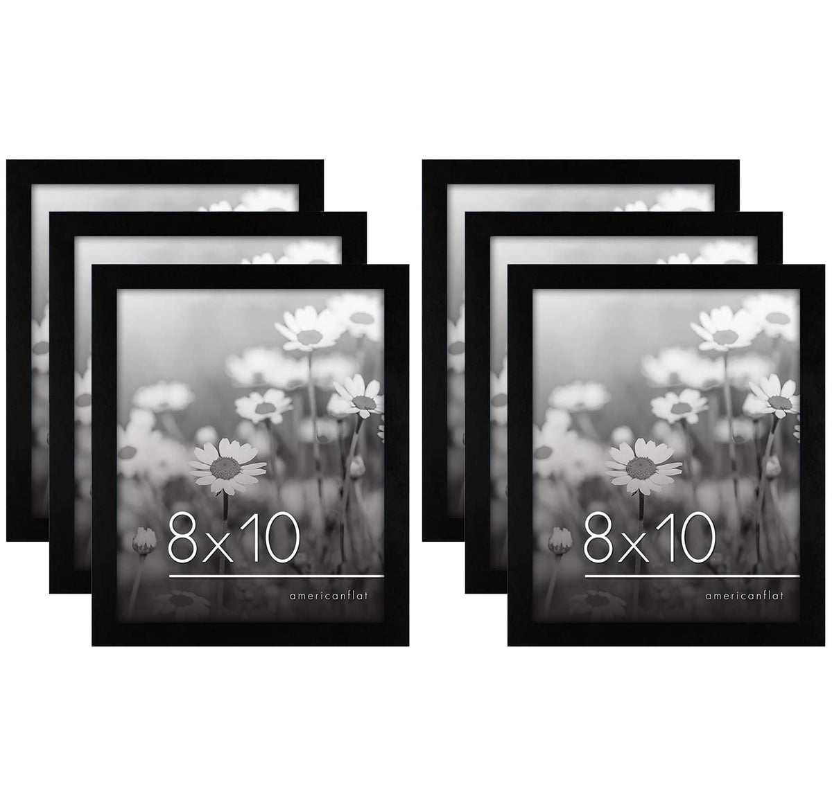 Americanflat front packaging showing six black 8x10 frames, protects photos