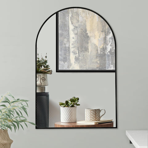 Americanflat arched mirror front view showing sleek black frame and clean reflection benefit