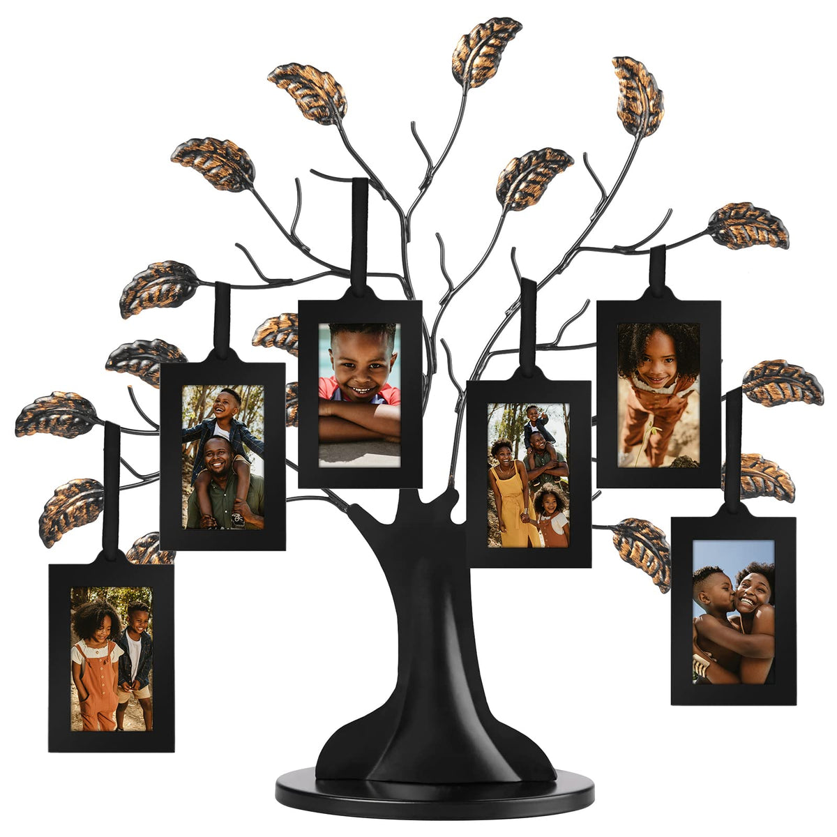 Americanflat family tree front view showing six hanging frames and bronze leaves for elegant display