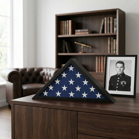 Americanflat flag case displayed on mantel adding respectful room focal point