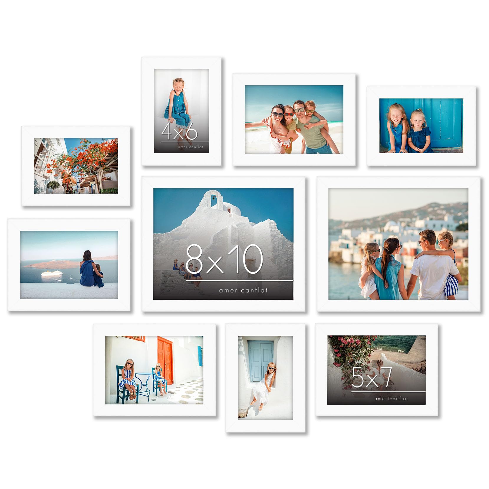 Americanflat front view of ten white frames showing cohesive gallery effect and easy styling