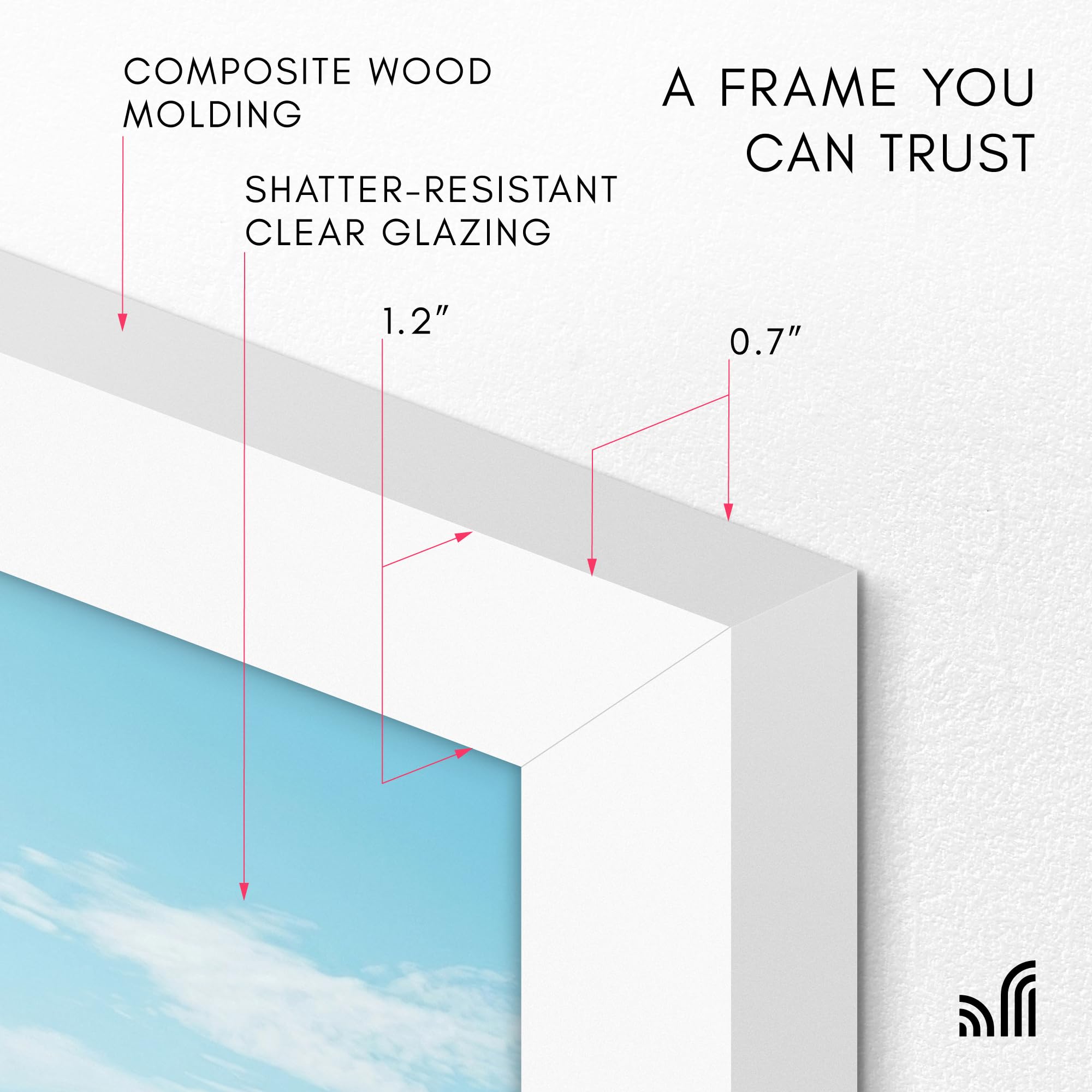 Americanflat frame in landscape showing poster centered and bright white molding