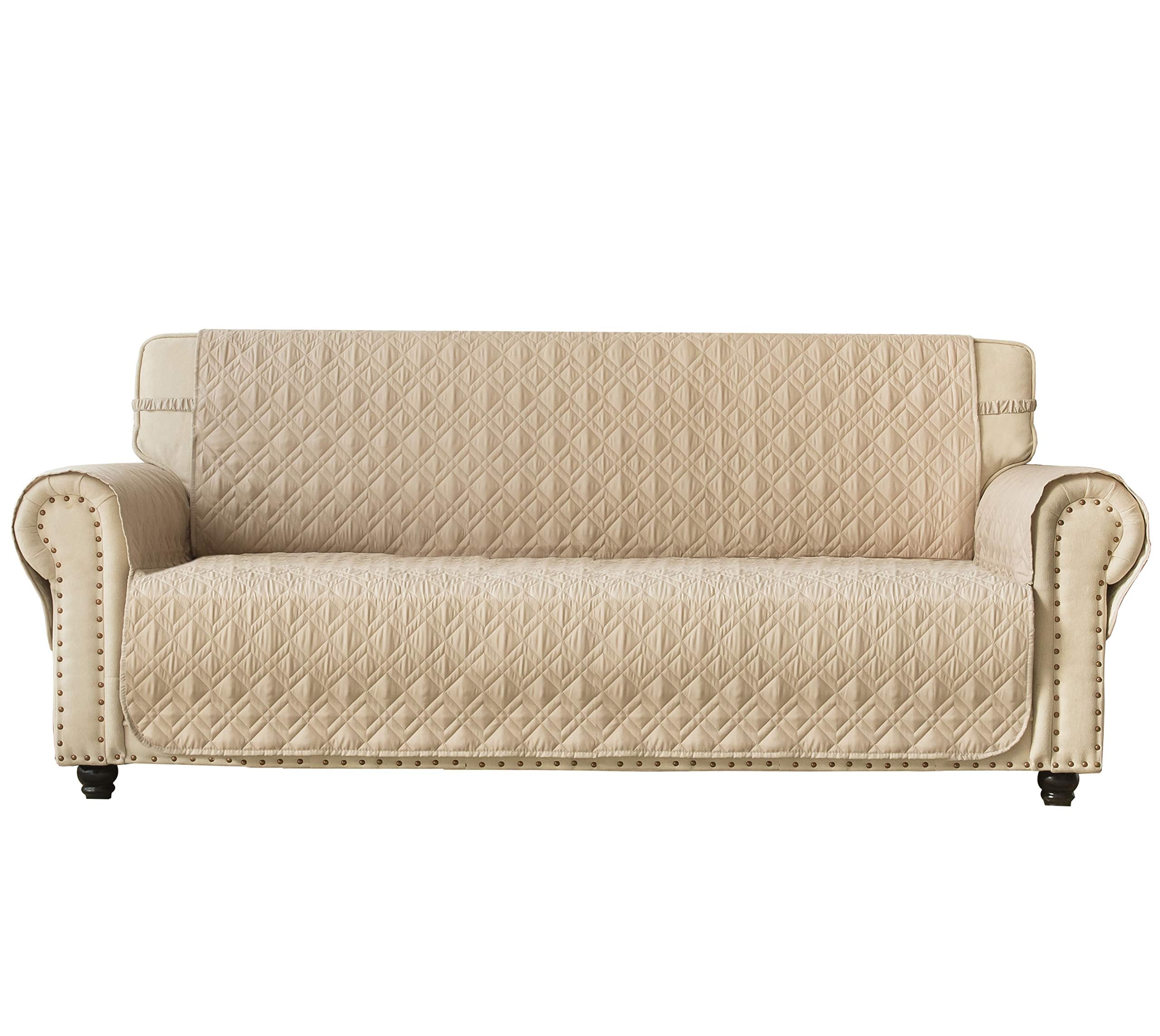 Ameritex front view beige sofa cover protecting sofa from spills