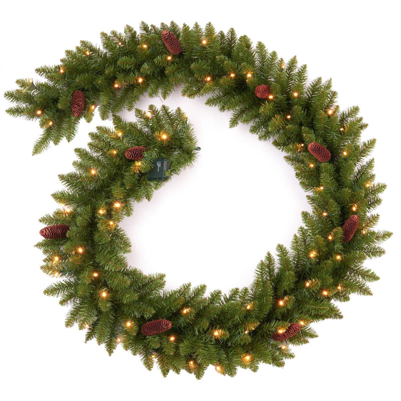AMERZEST front view of 9 ft garland showing full-length realistic greenery and pine cones for instant decoration