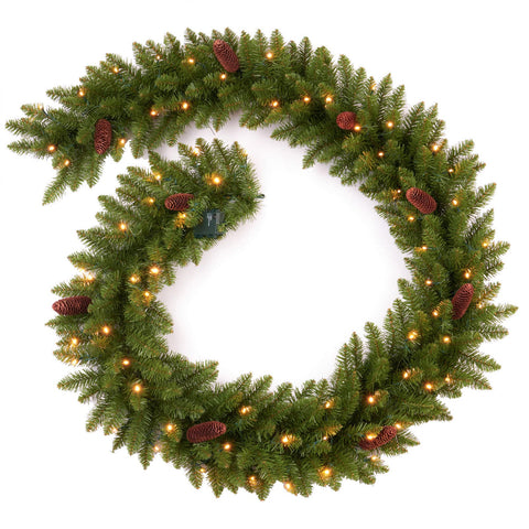 AMERZEST front view of 9 ft garland showing full-length realistic greenery and pine cones for instant decoration