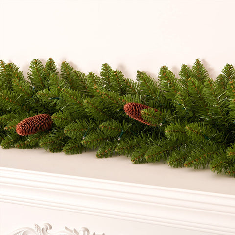 AMERZEST close-up of warm white LED lights glowing on garland for cozy holiday ambiance