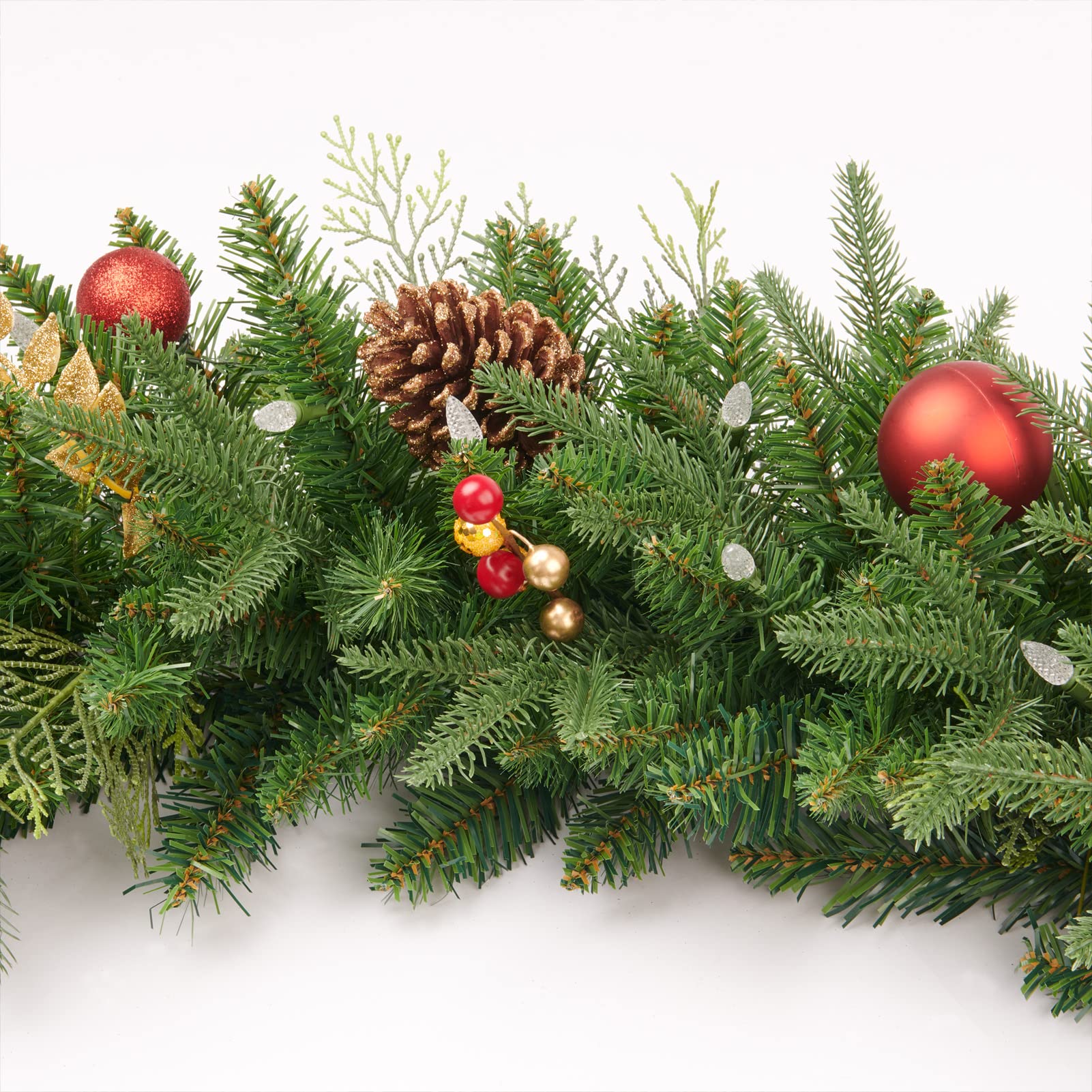 AMERZEST red gold berries and pine cones detail adding festive contrast