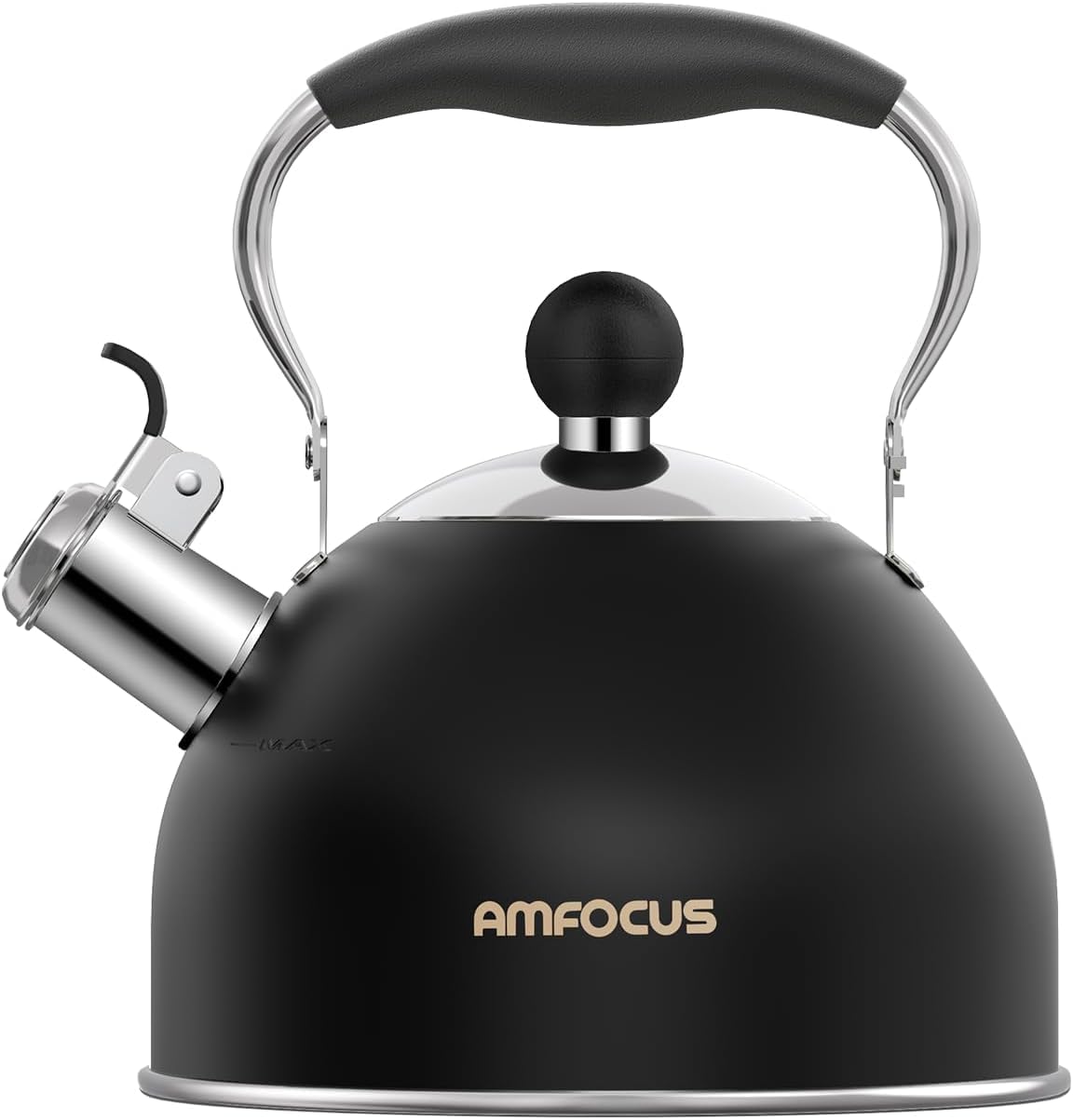 AMFOCUS front view black teakettle showing sleek design and quick boiling benefit