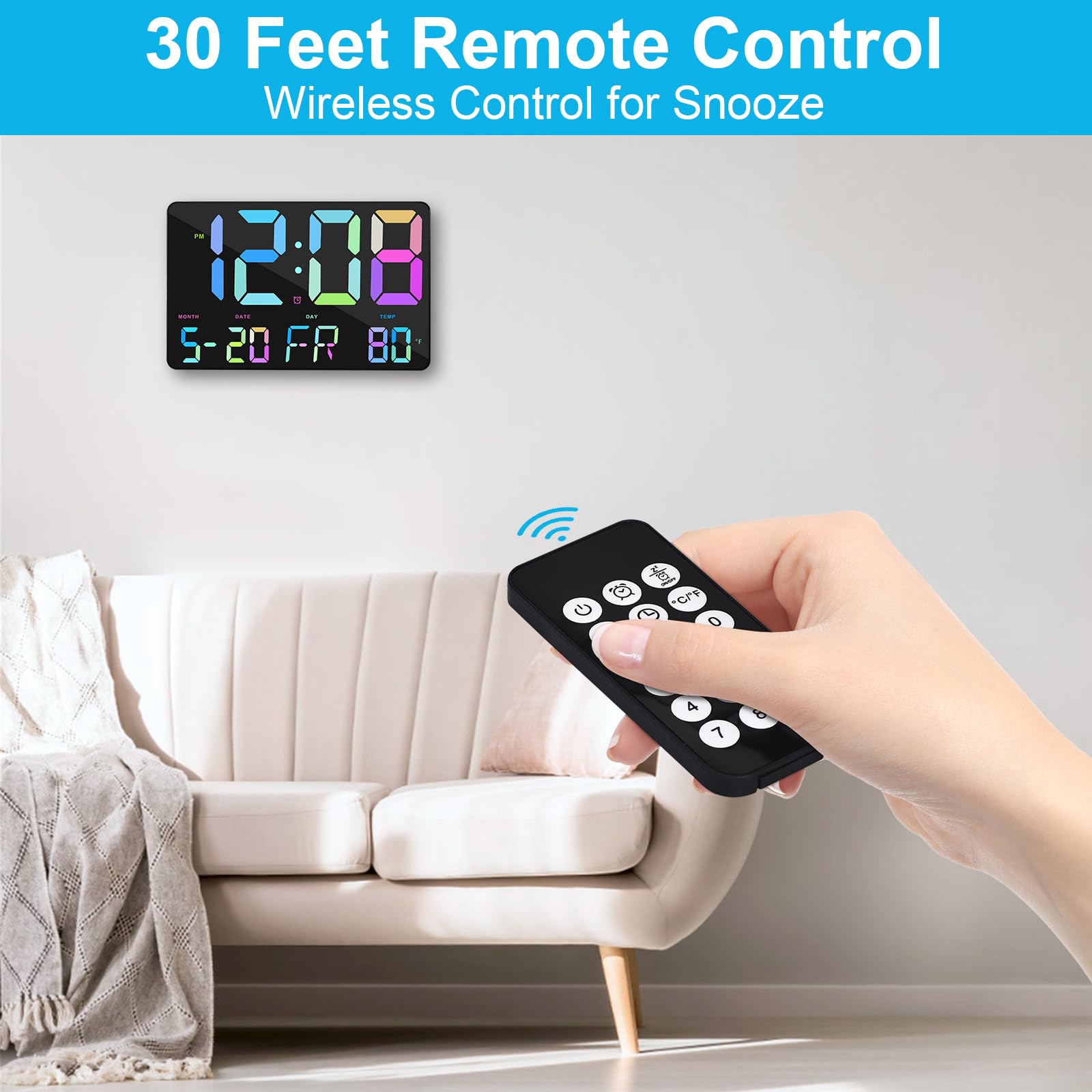 Amgico remote control in hand for easy alarm and setting adjustments