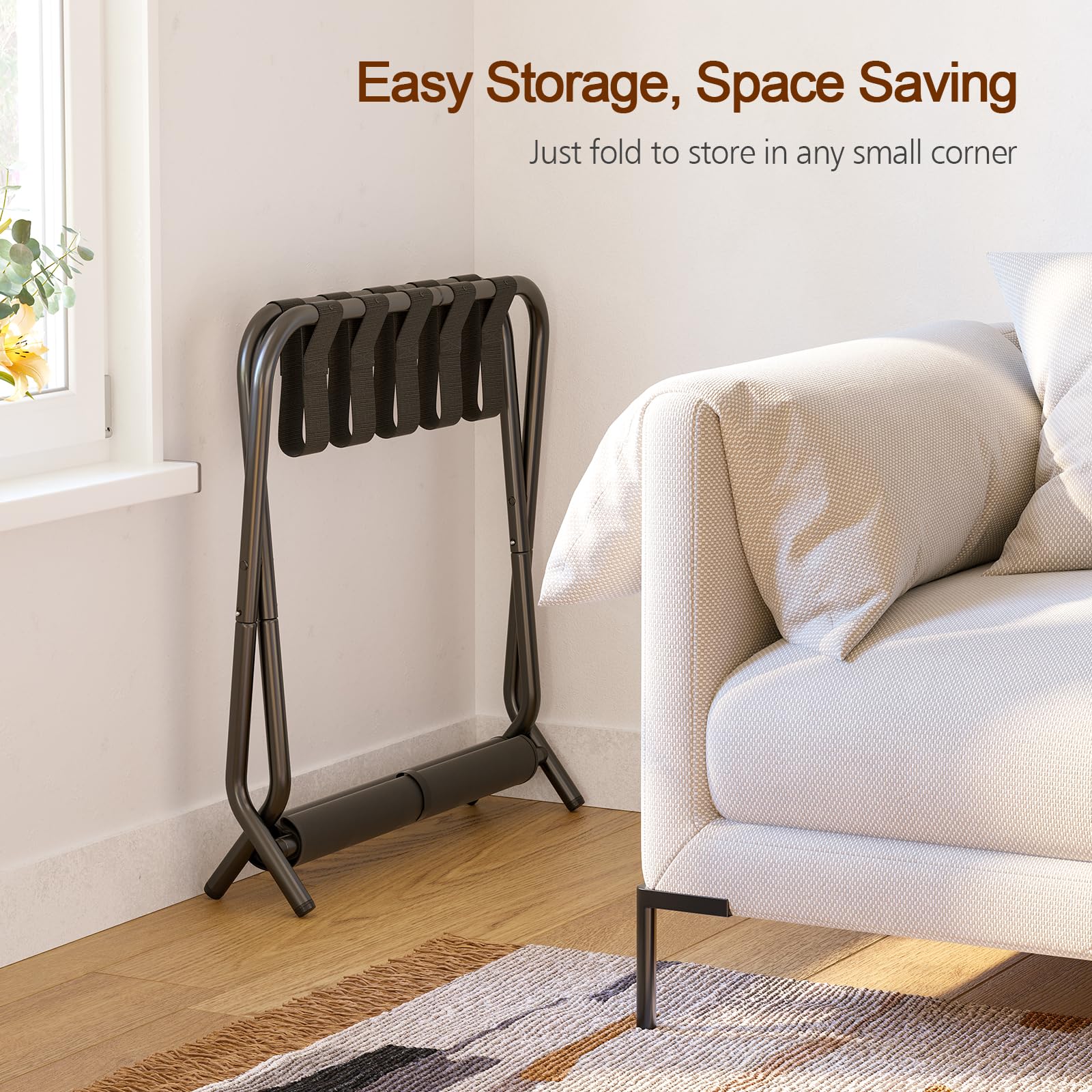 AMHANCIBLE folded luggage rack flat for storage showing compactness and space-saving benefit
