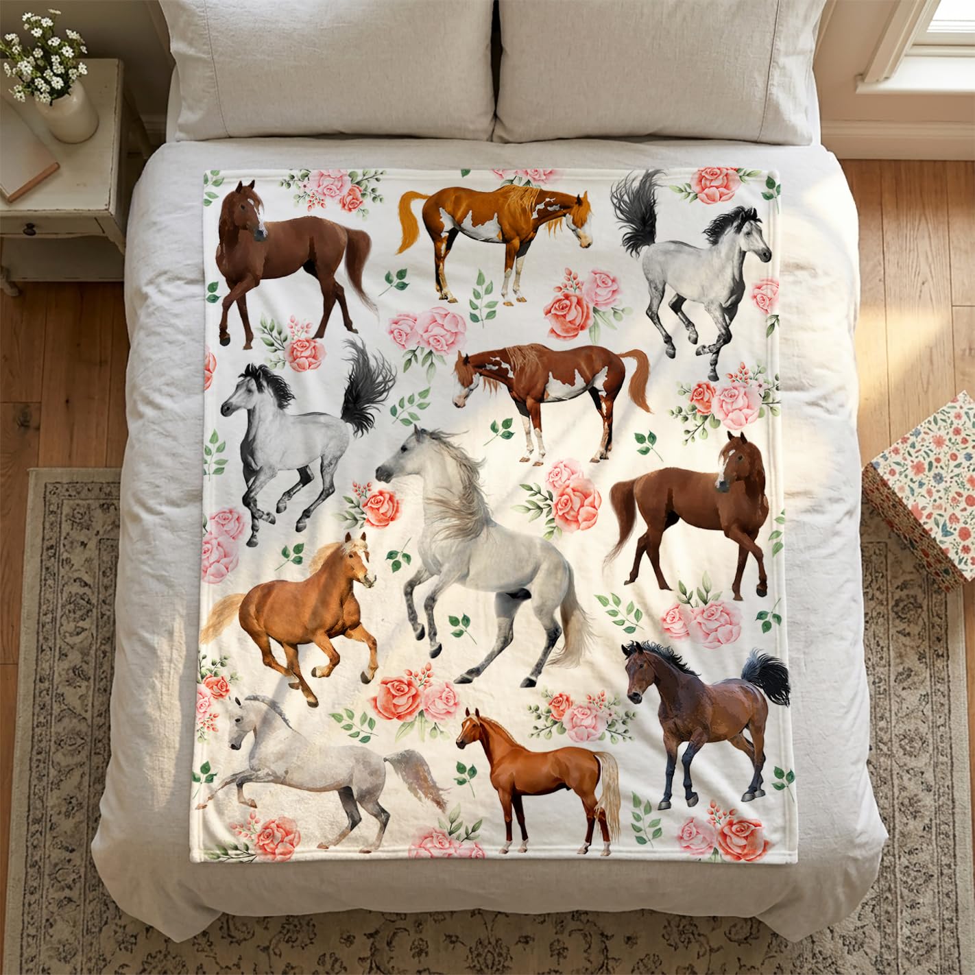 Amilient horse floral blanket on airplane seat ideal for travel comfort