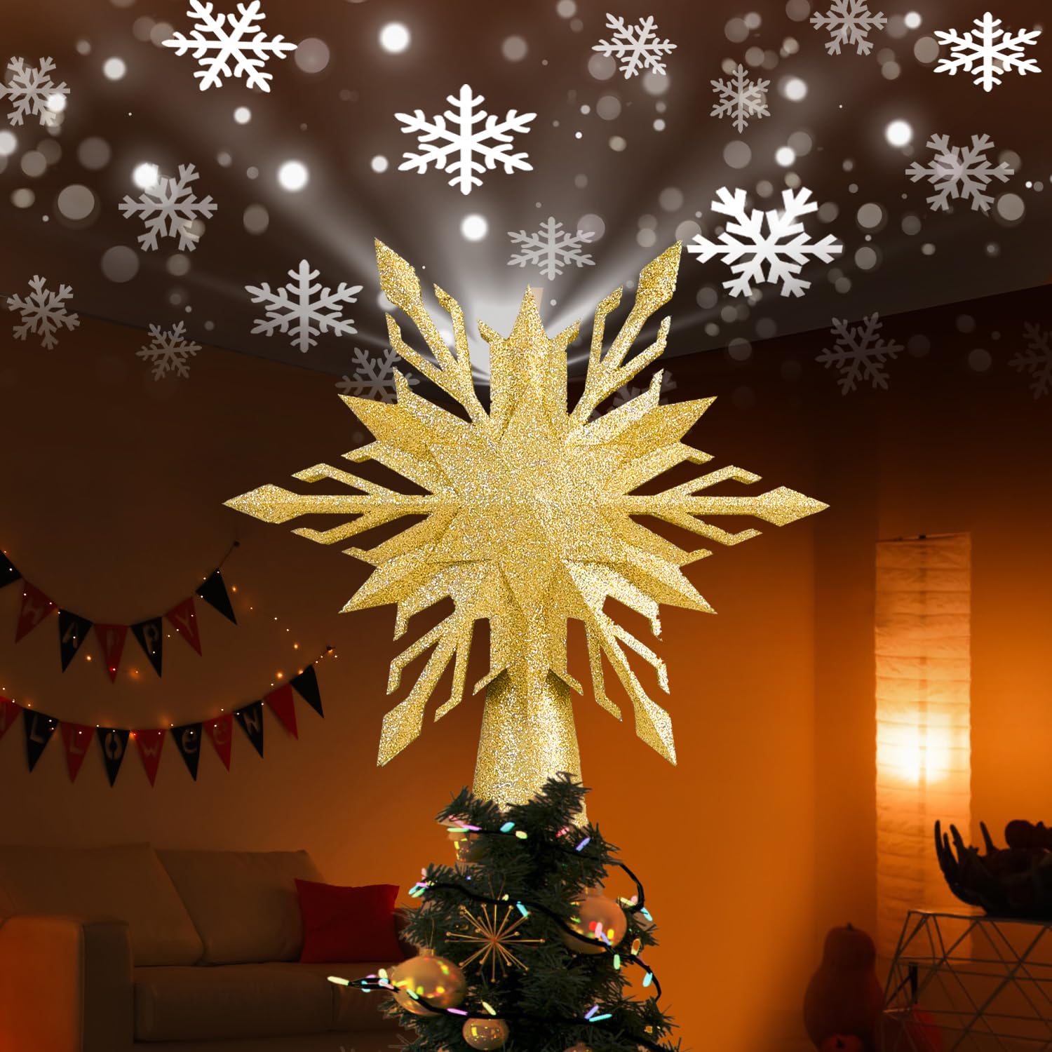 AmkGan star topper front view showing gold sparkle and elegant shape, boosts tree appearance