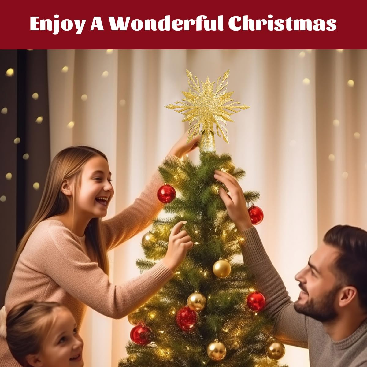 AmkGan star mounted on Christmas tree demonstrating secure fit and bright display
