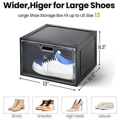 Amllas drop front open shoe box demonstrating one-hand access and convenience