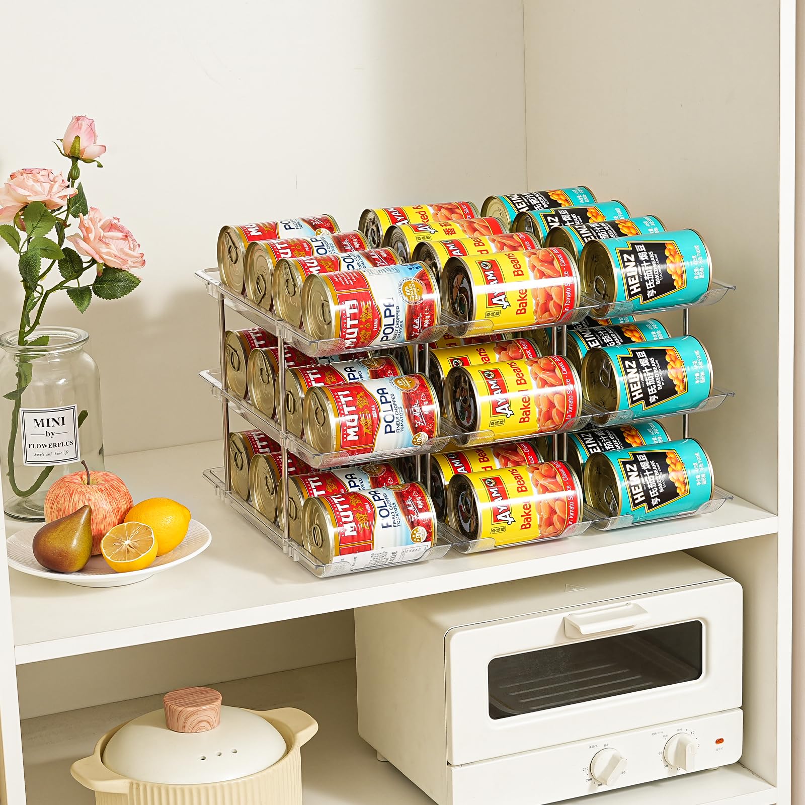 Amllas filled organizer with cans in front for quick first-in, first-out access