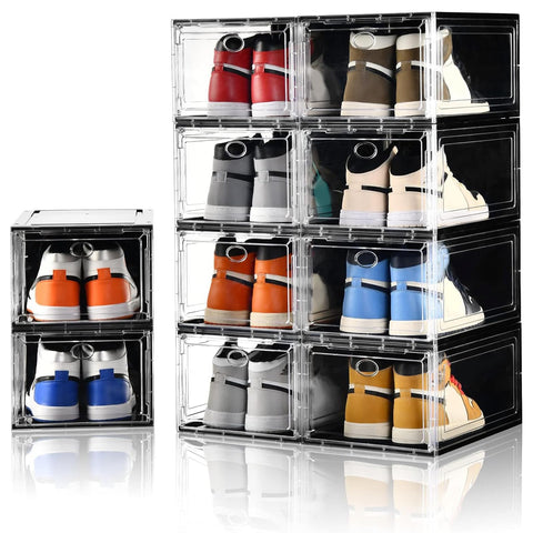Amllas clear shoe box front view showing visible shoes and neat display