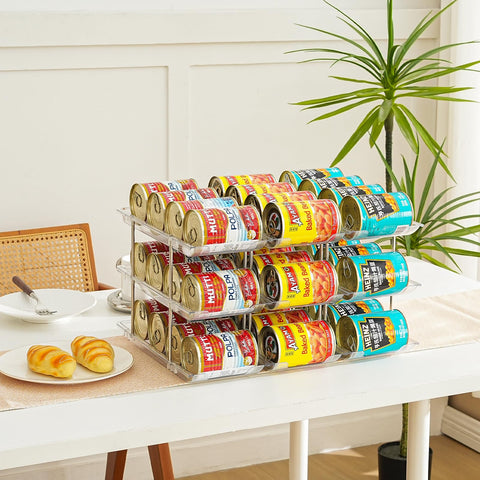 Amllas inside a refrigerator organizing drink cans and saving shelf room