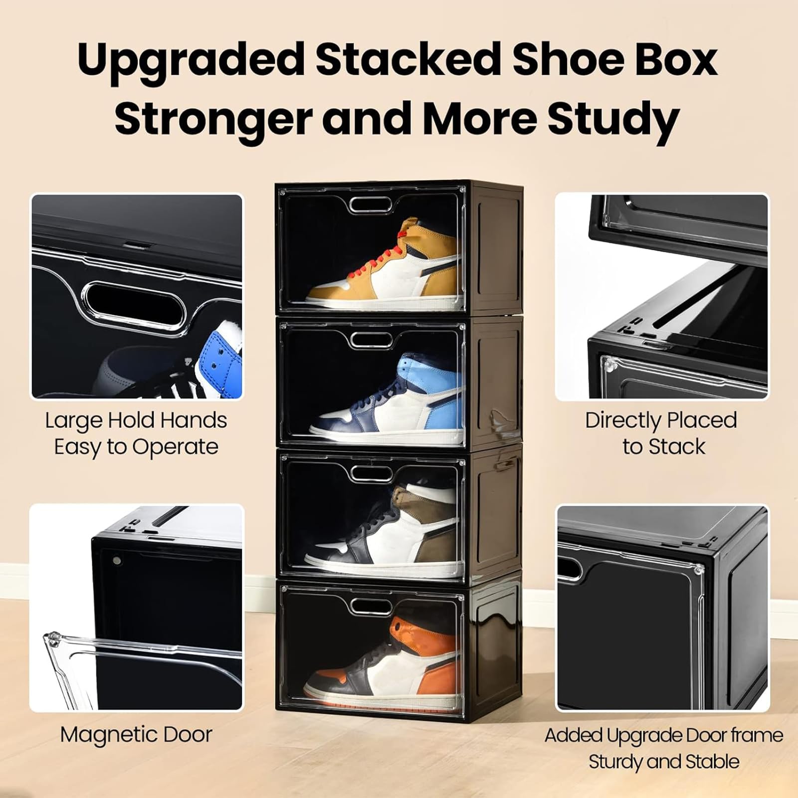 Amllas stacked shoe boxes in closet maximizing vertical space and neatness