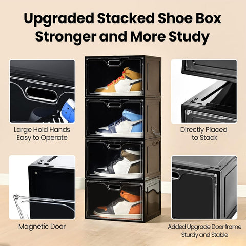Amllas stacked shoe boxes in closet maximizing vertical space and neatness