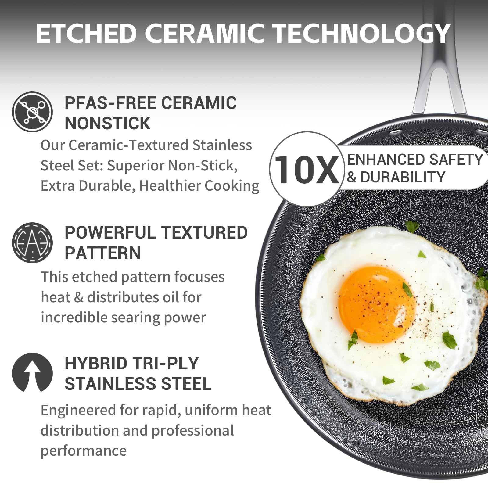Ammeloo 8 and 9.5-inch frying pans showing cooking surface and even heat benefit
