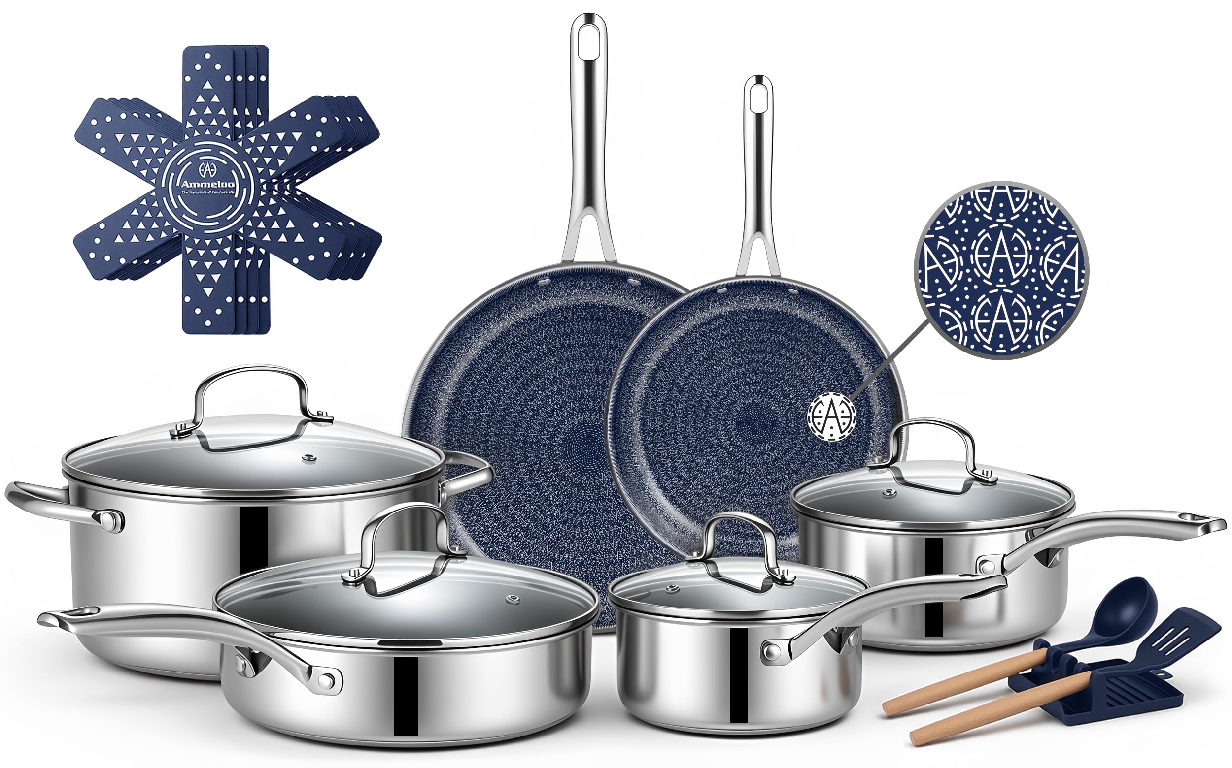 Ammeloo front view of 17-piece set showing included pots pans and lids for complete cooking
