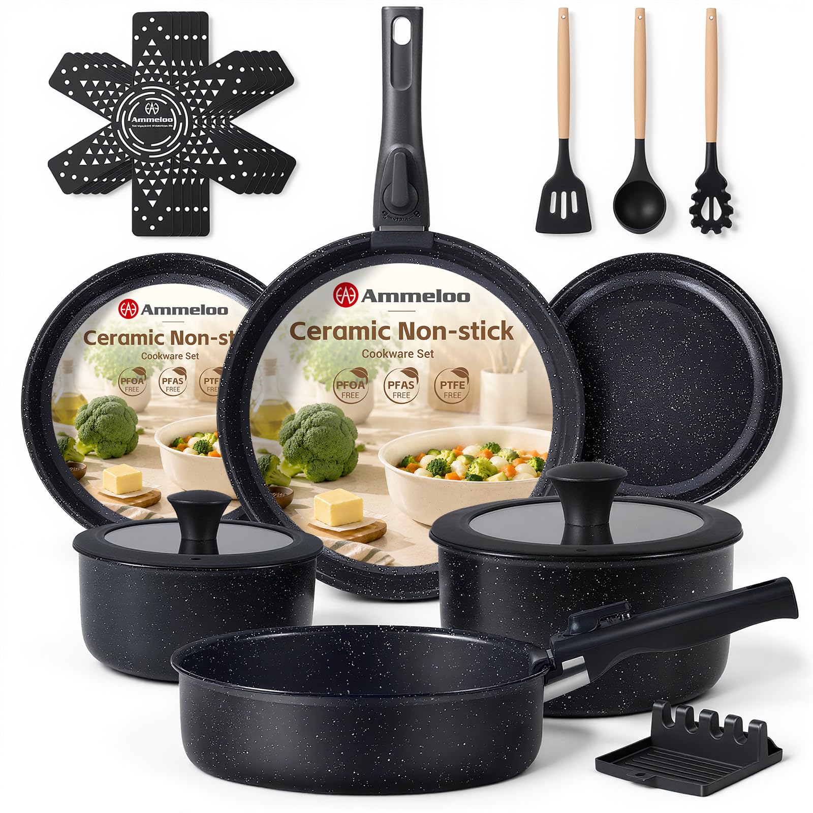 Ammeloo front packaging showing full 21-piece set and included components benefit space saving