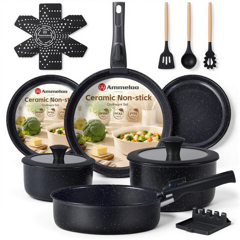 Ammeloo front packaging showing full 21-piece set and included components benefit space saving