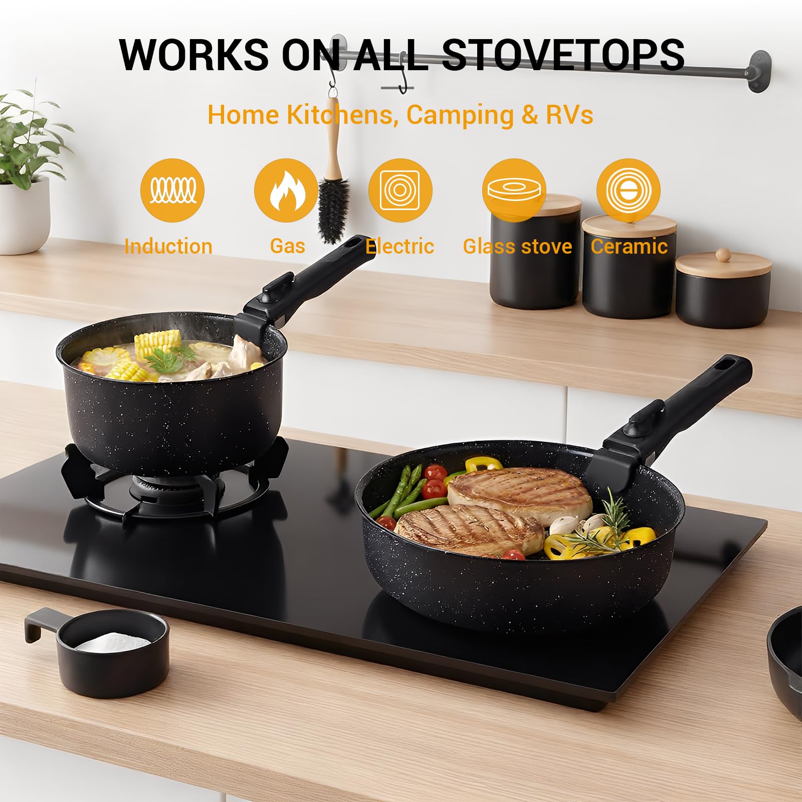 Ammeloo frying pan on induction cooktop showing compatibility and even heating benefit