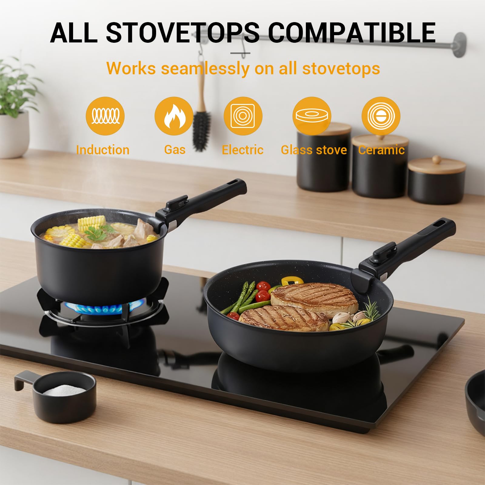 Ammeloo utensils and holder paired with pots to show organized countertop use