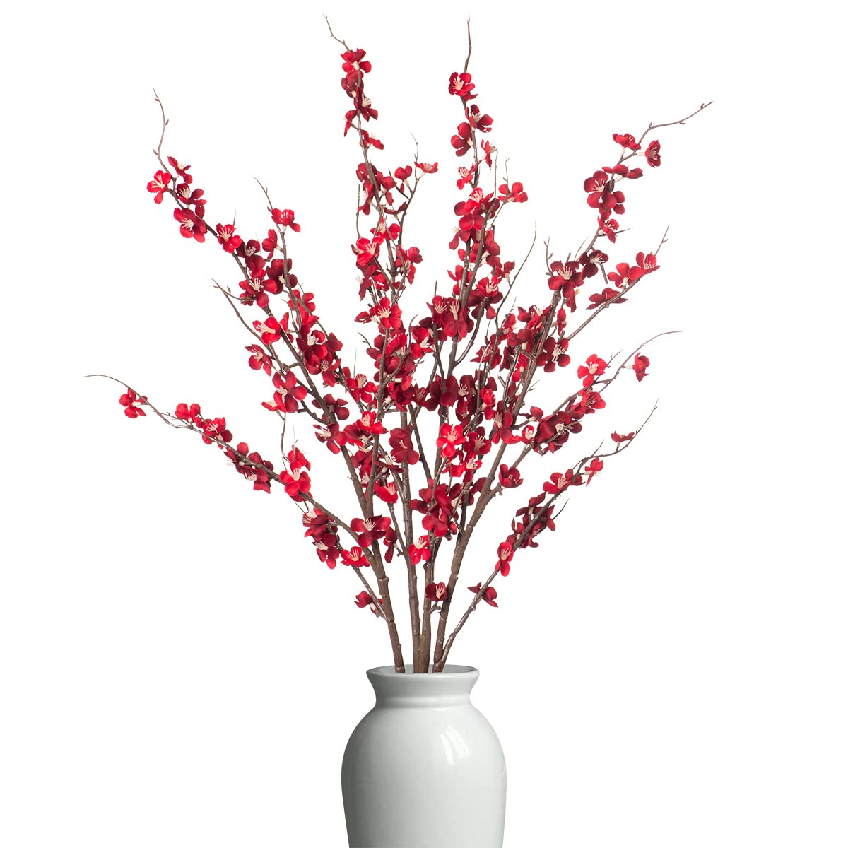 Ammyoo front view of four red cherry blossom branches showing length and realistic look
