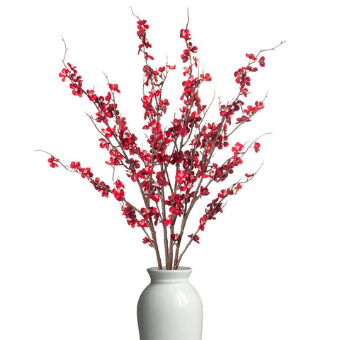 Ammyoo front view of four red cherry blossom branches showing length and realistic look