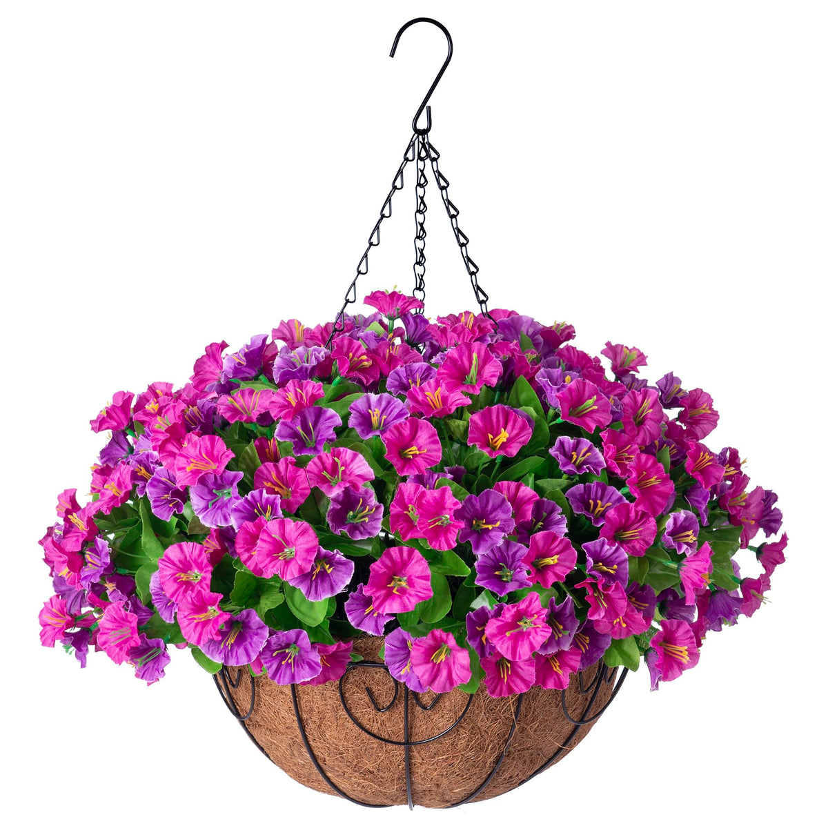 Ammyoo front view of assembled hanging basket showing full floral impact