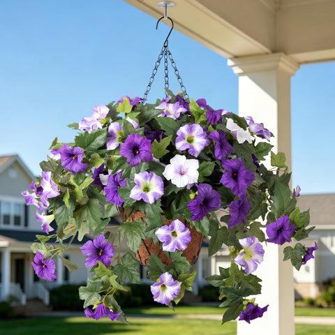 Ammyoo front view hanging basket showing full colorful arrangement and curb appeal