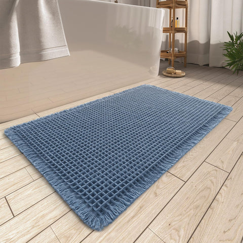 AMOAMI front view of blue bath rug showing plush waffle design and decor benefit