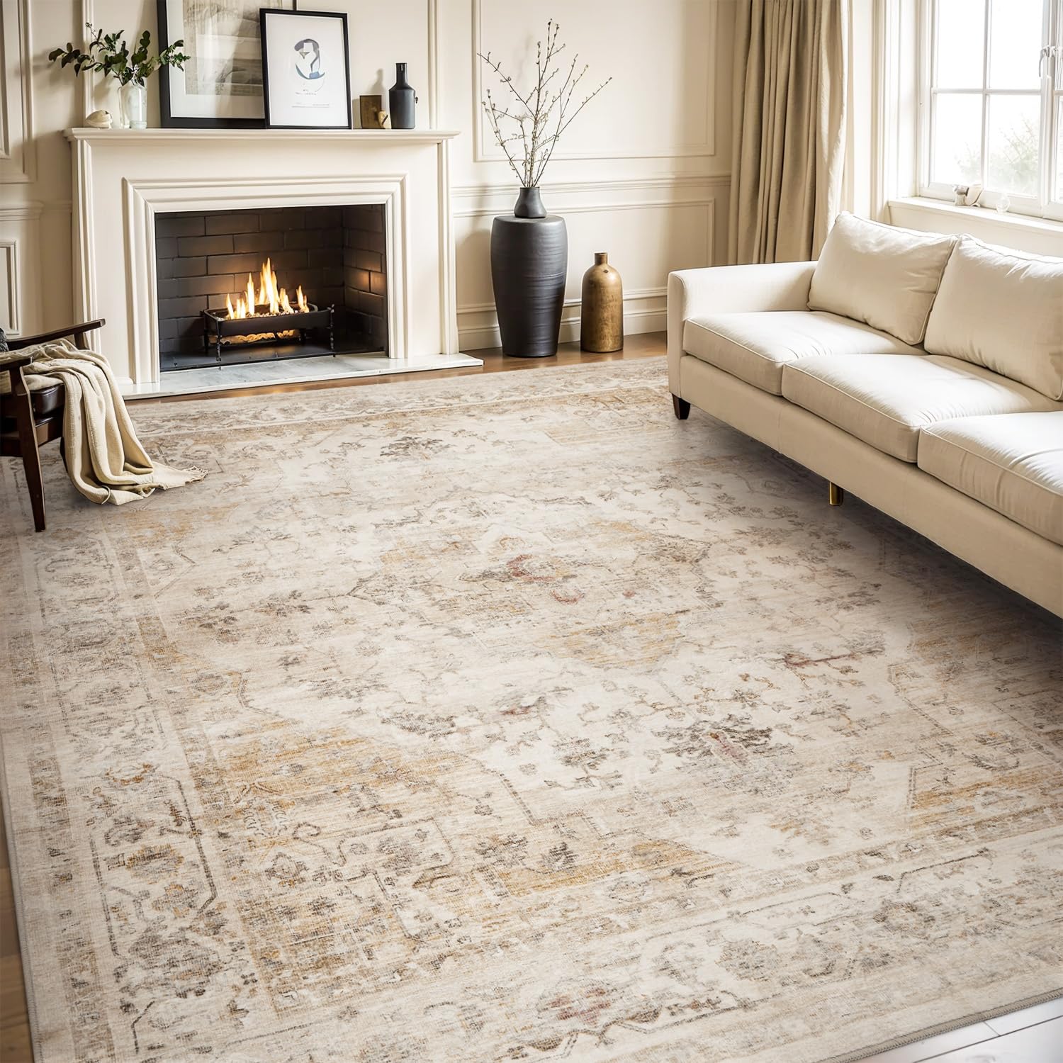 AMOAMI front view showing full rug and vintage beige elegance for room cohesion