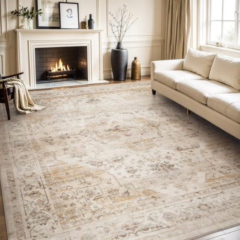 AMOAMI front view showing full rug and vintage beige elegance for room cohesion
