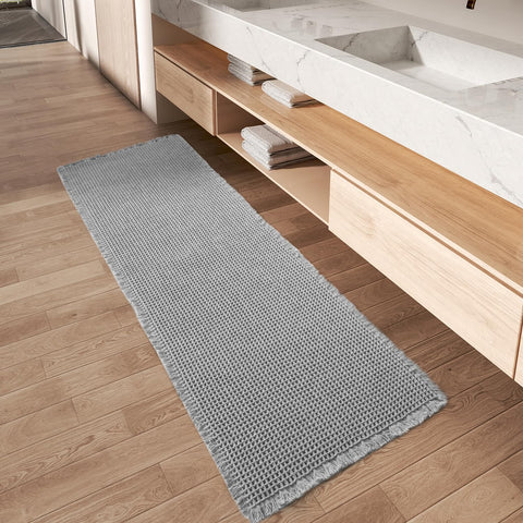 AMOAMI front view of light grey bath rug showing decorative waffle design and aesthetic benefit