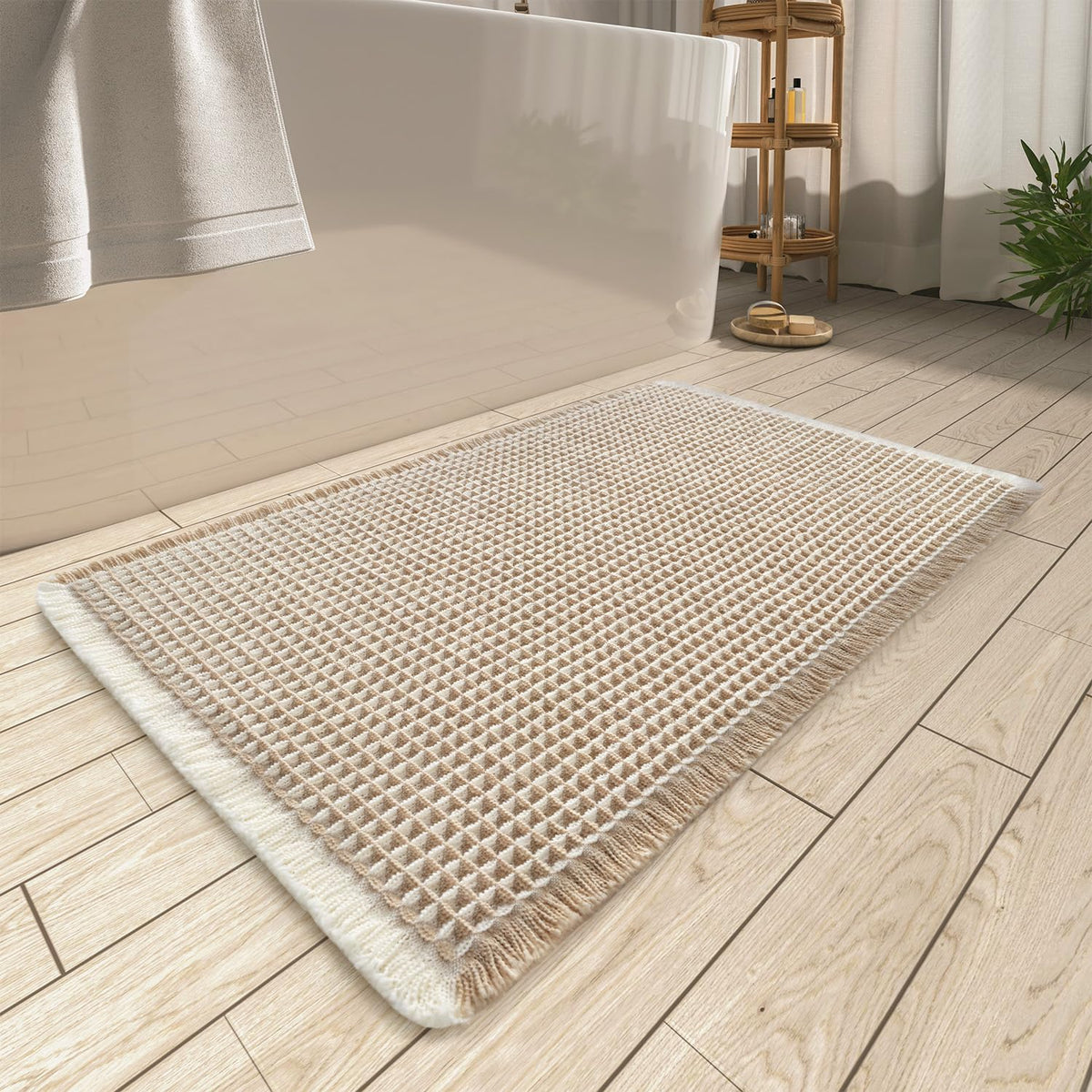 AMOAMI front view of waffle bath mat showing absorbent surface and style