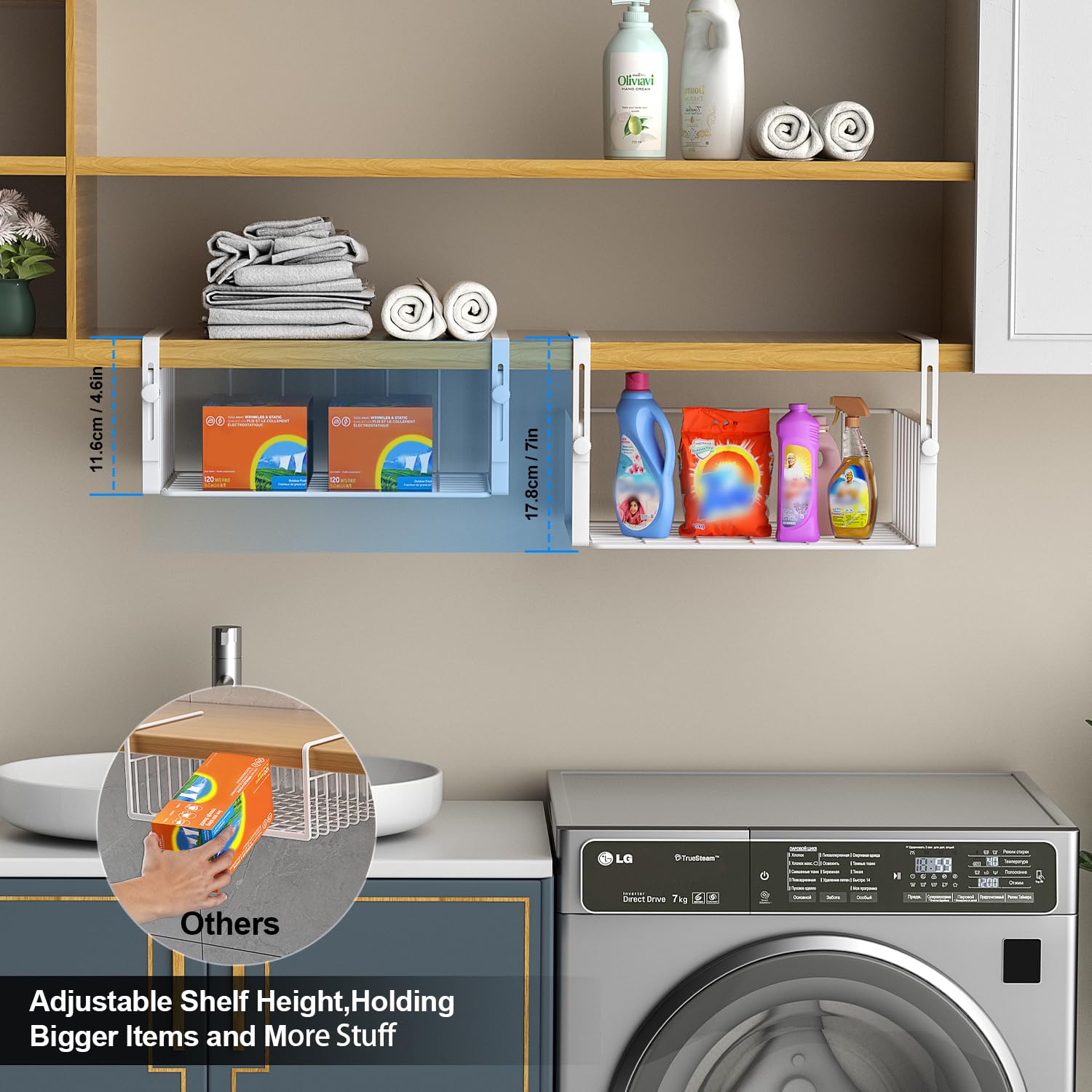 AmonHouseware under-shelf basket inside cabinet storing spice jars and cans for easy access benefit