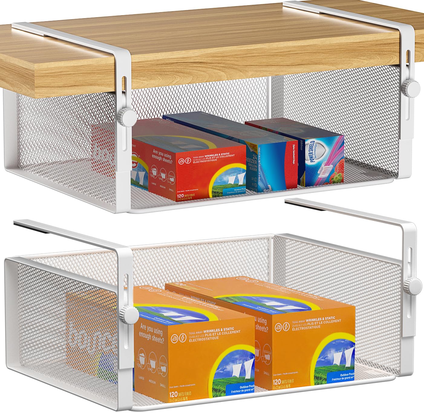 AmonHouseware front view of the two white under shelf baskets showing compact packaging and features