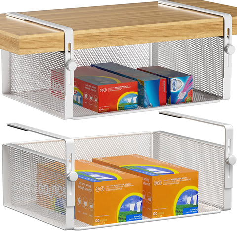 AmonHouseware front view of the two white under shelf baskets showing compact packaging and features