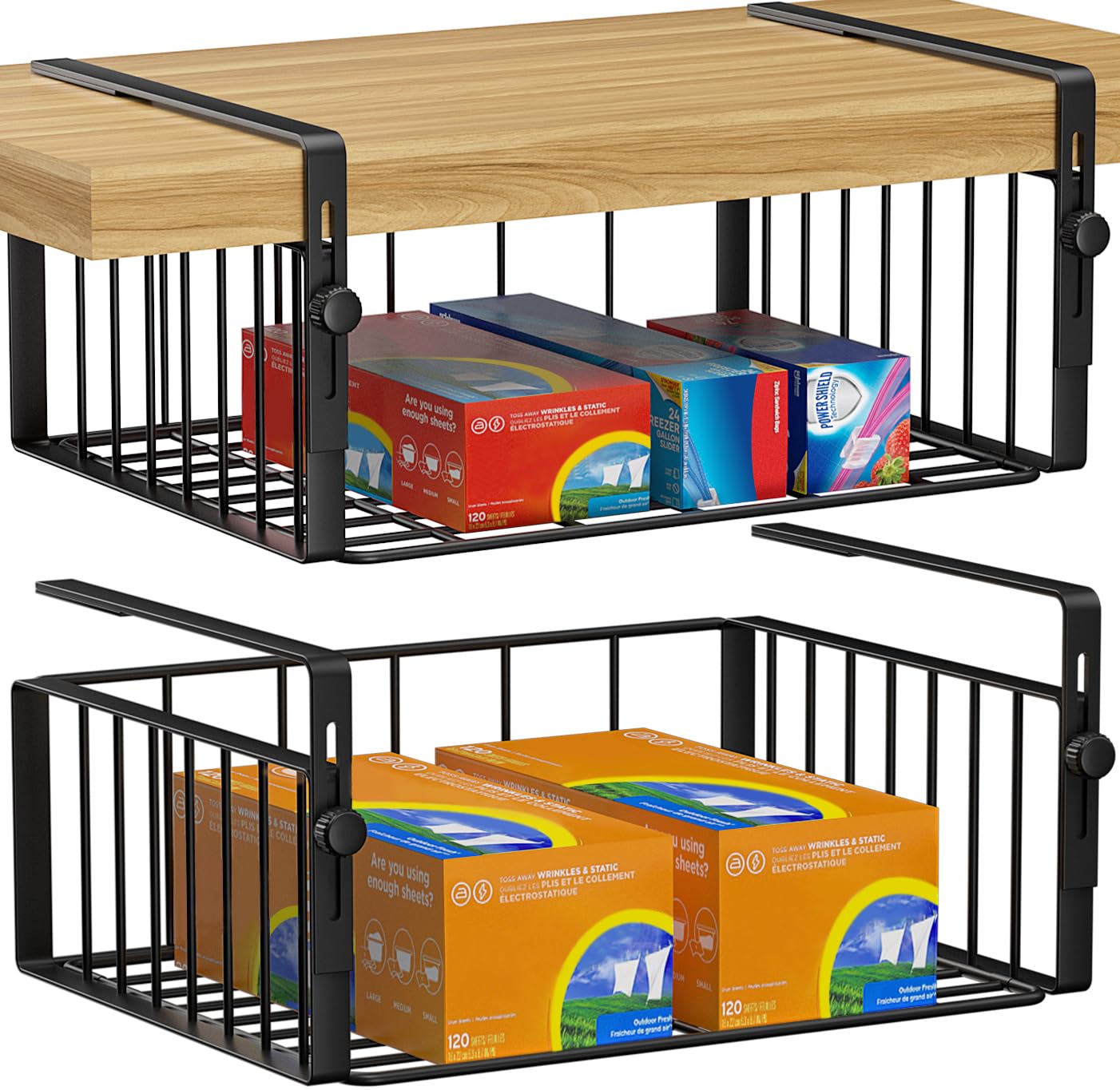 AmonHouseware front view of black under-shelf basket showing clean storage benefit