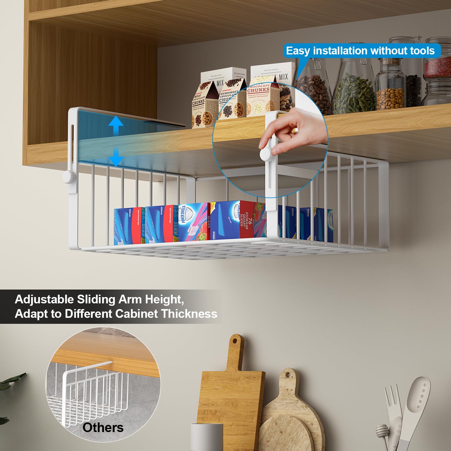 AmonHouseware closeup of adjustable hanging arm and hand-twist screw showing tool-free installation benefit
