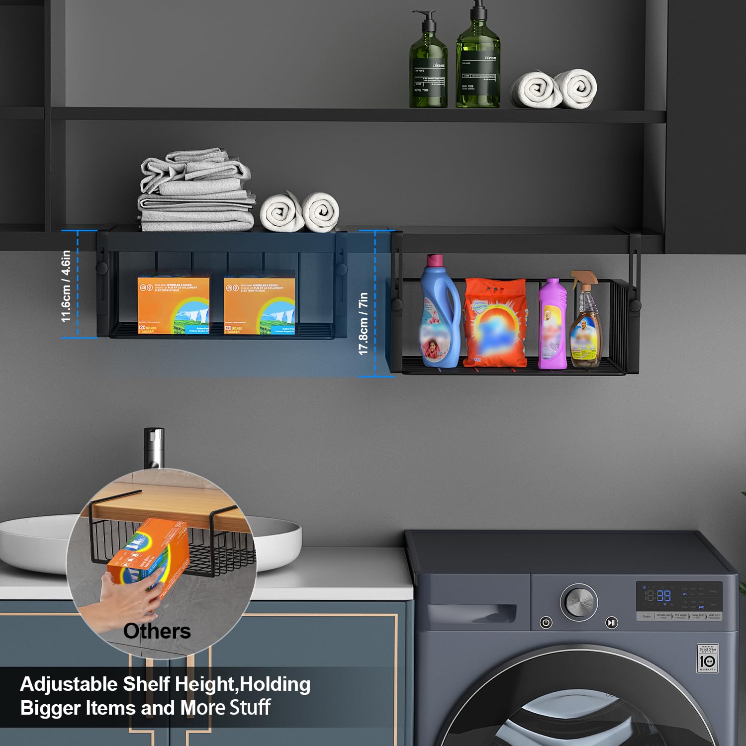 AmonHouseware side profile showing adjustable hanging arm and reinforced stability
