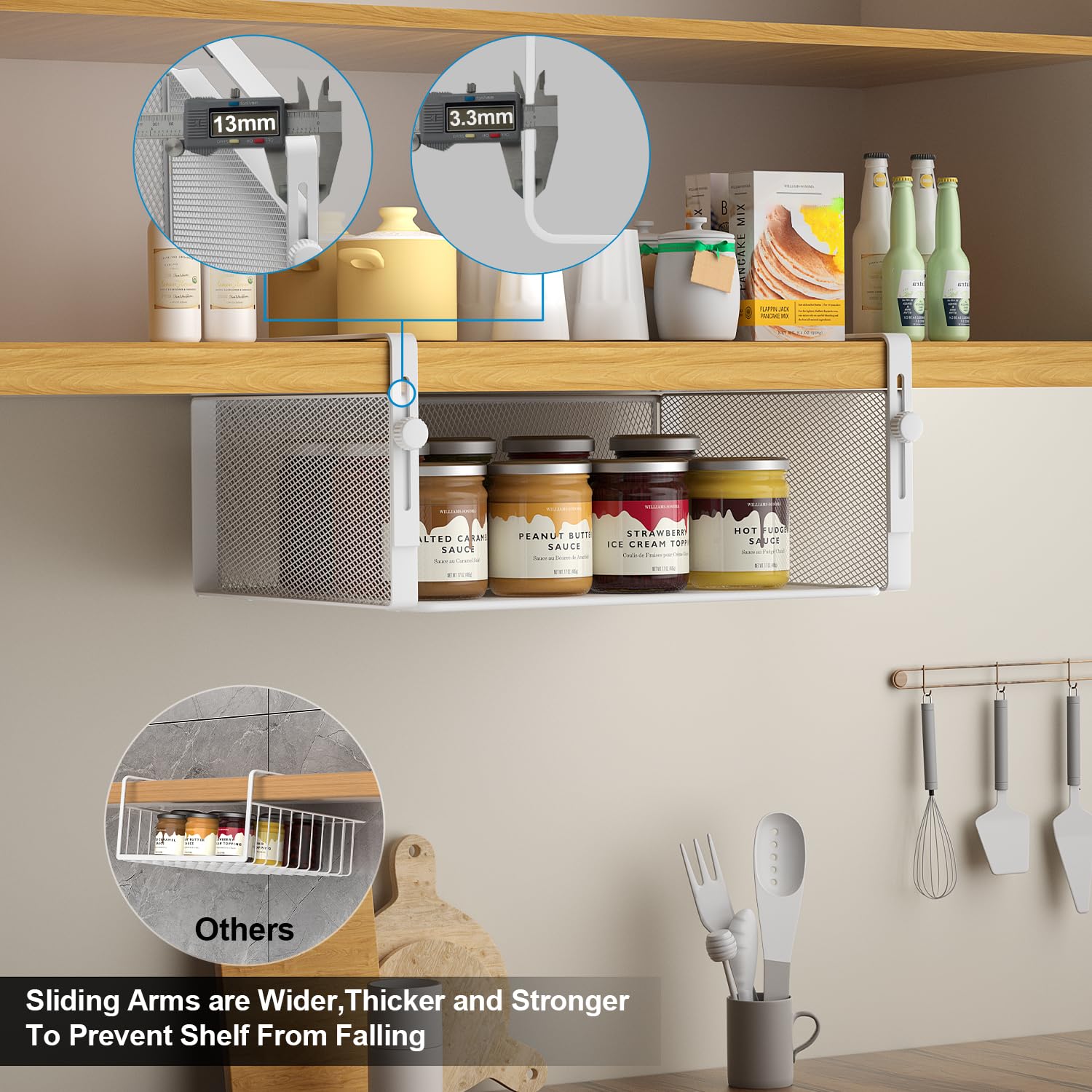 AmonHouseware basket next to standard cans showing size and storage capacity