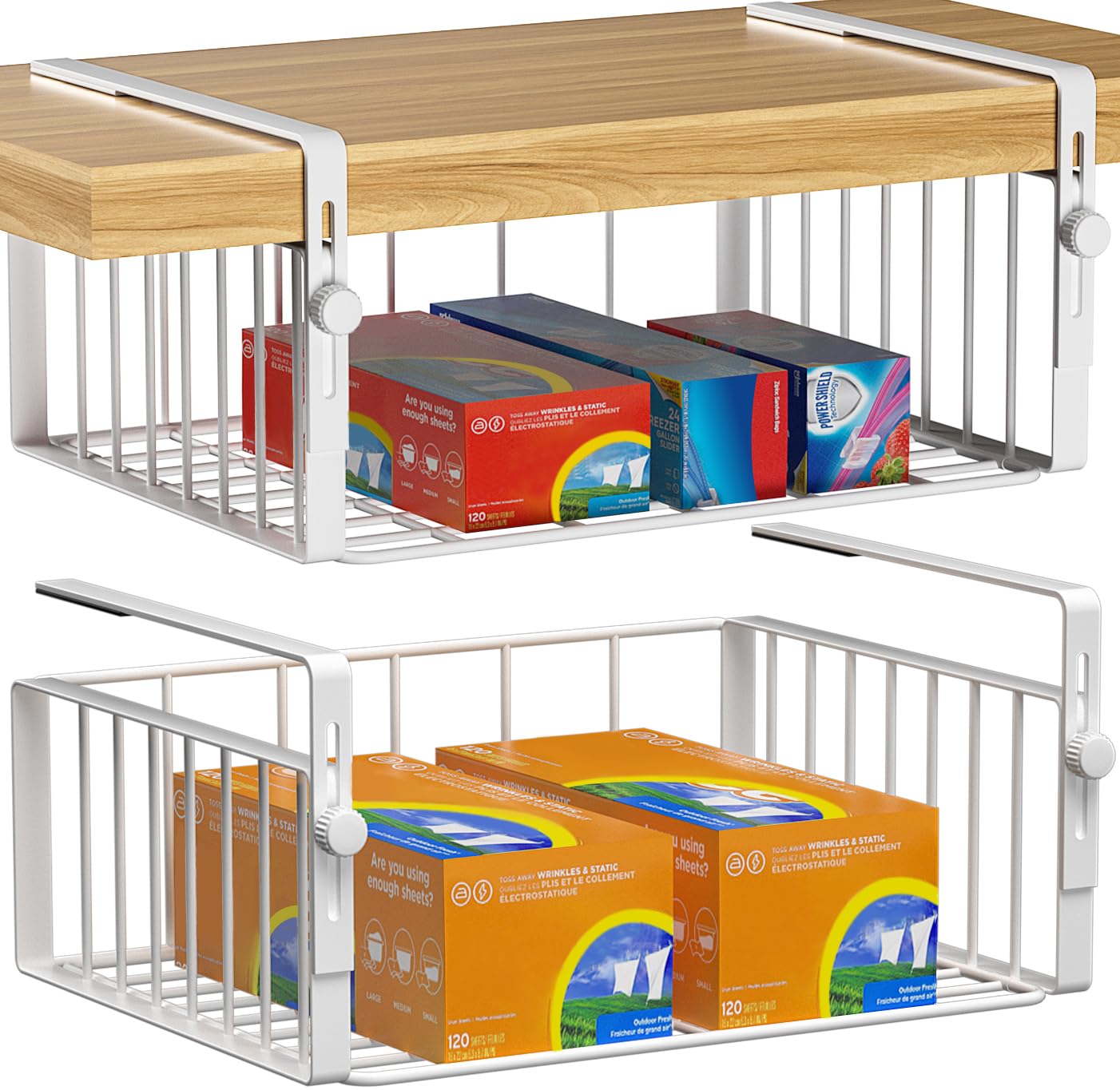 AmonHouseware front view of under shelf basket showing clean white finish and compact storage benefit