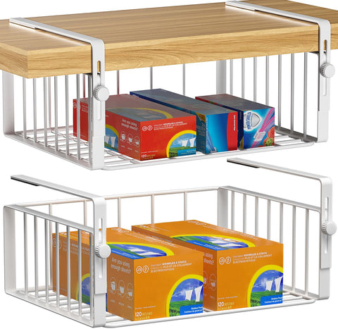 AmonHouseware front view of under shelf basket showing clean white finish and compact storage benefit