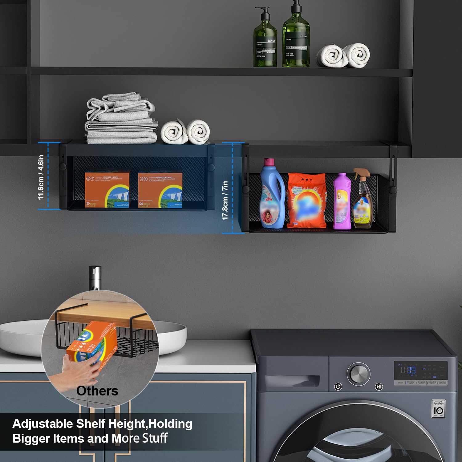 AmonHouseware under-shelf basket holding cans and spices to maximize pantry space